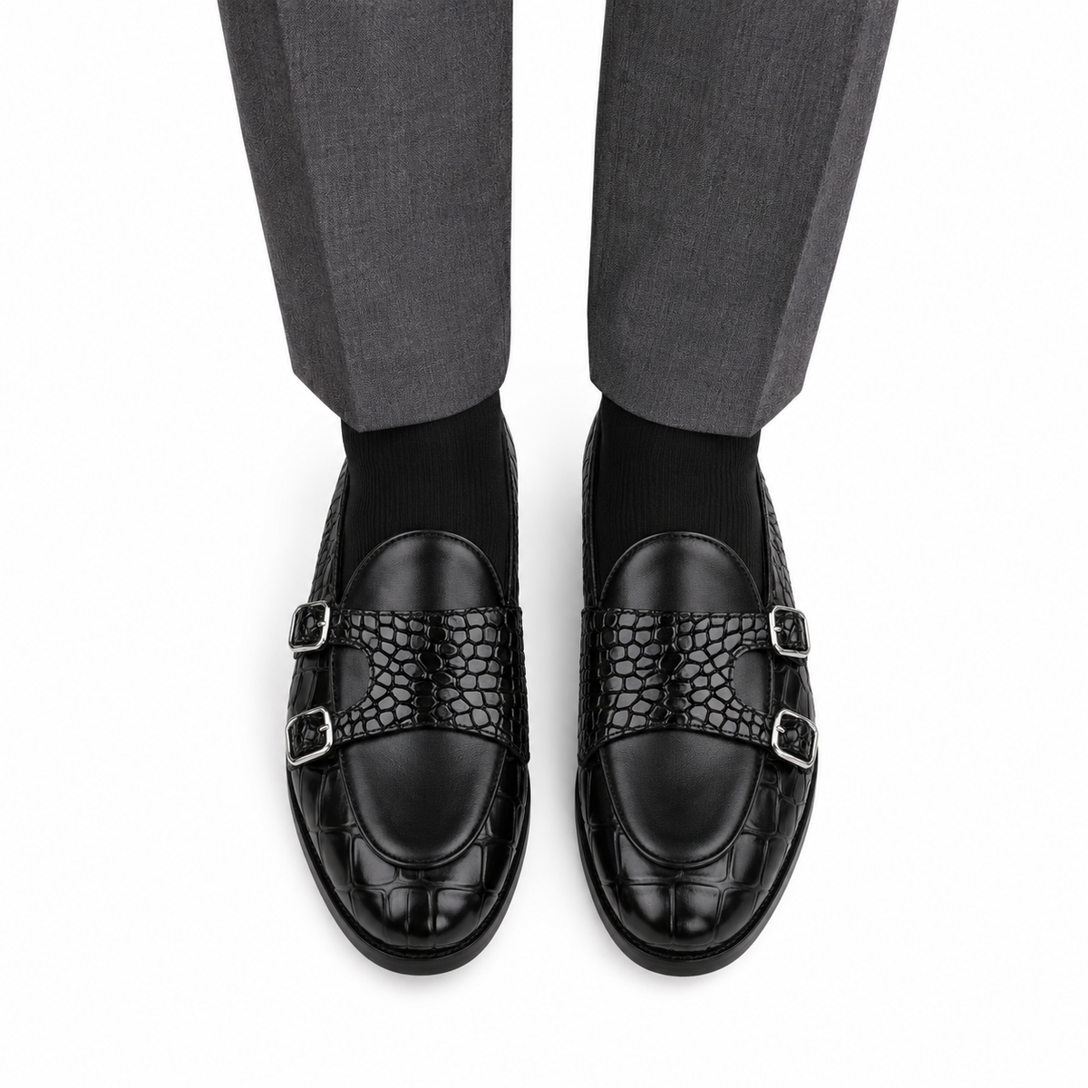 Drobak - Men’s Black Calf and Crocodile Printed Belgian Loafer