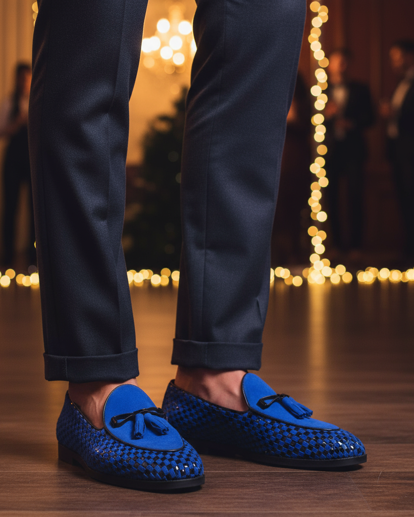Solevo - Men's Blue Suede and Black Patent Hand Woven Leather Loafer