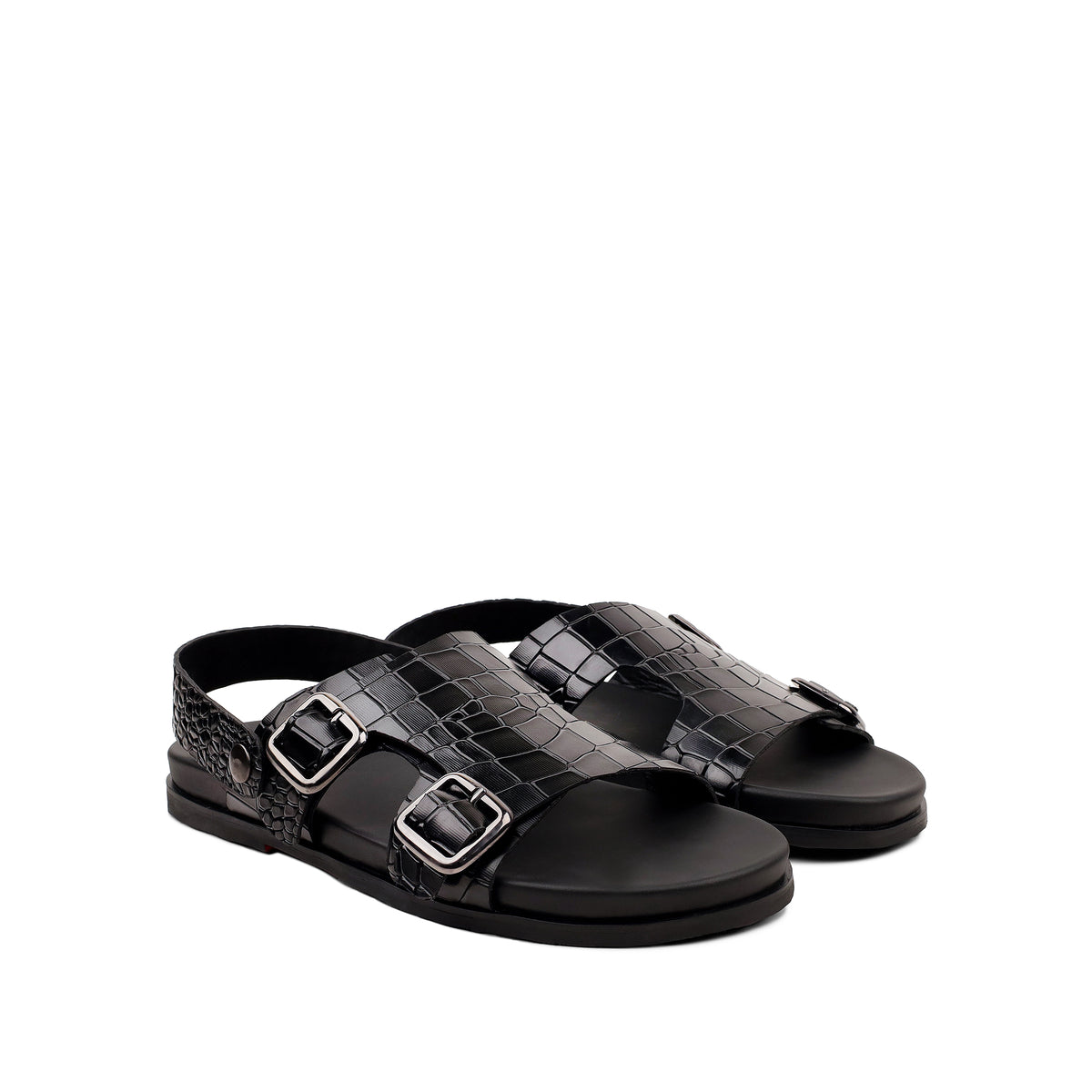 Damian - Men's Black Crocodile Printed Leather Sandal