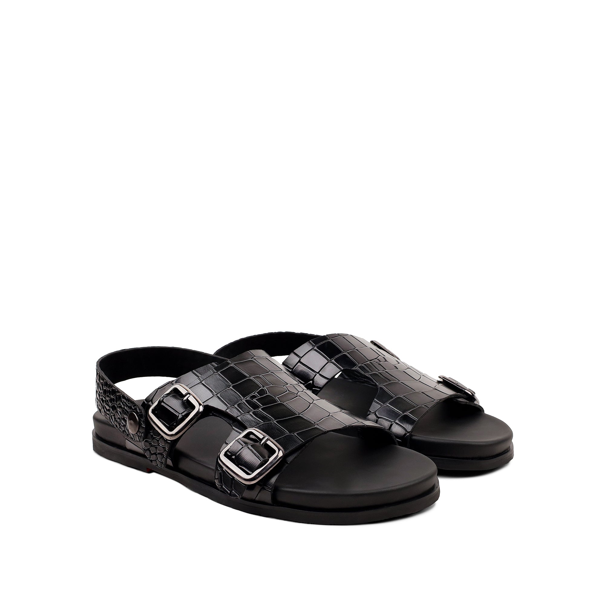 Damian - Men's Black Crocodile Printed Leather Sandal