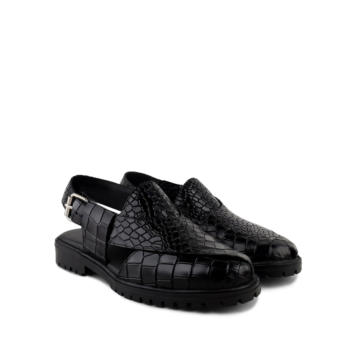 Saul - Men's Black Crocodile Printed Leather Sandal