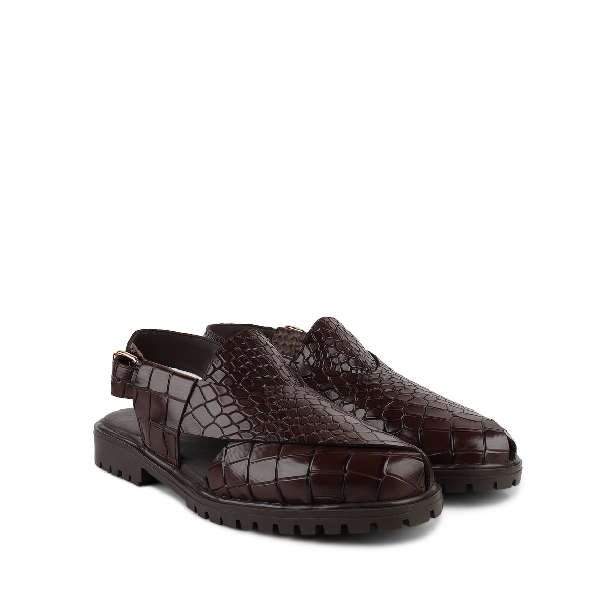 Saul - Men's Dark Brown Crocodile Printed Leather Sandal