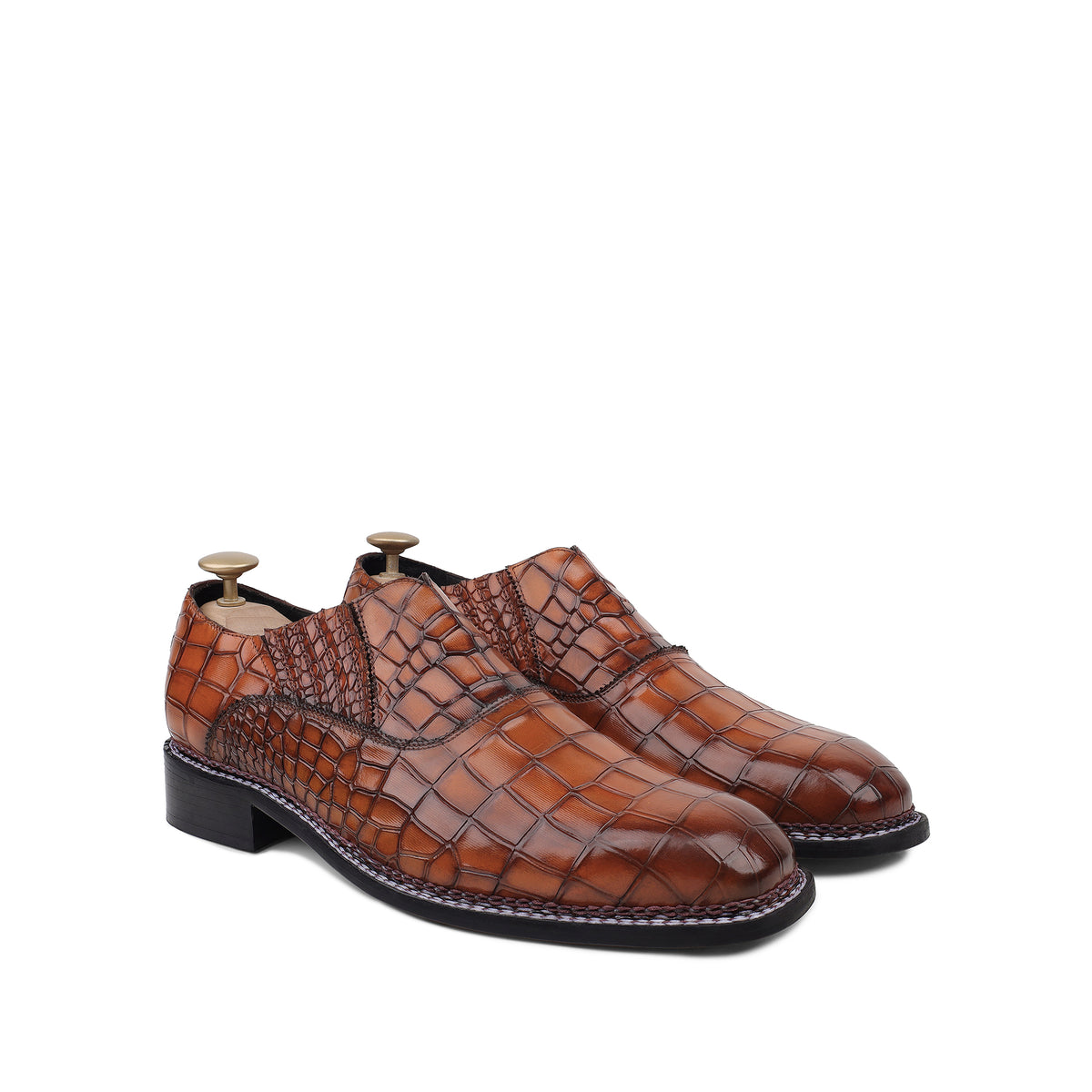 Adler - Men's Tan Crocodile Textured Goodyear Welted Leather Oxford