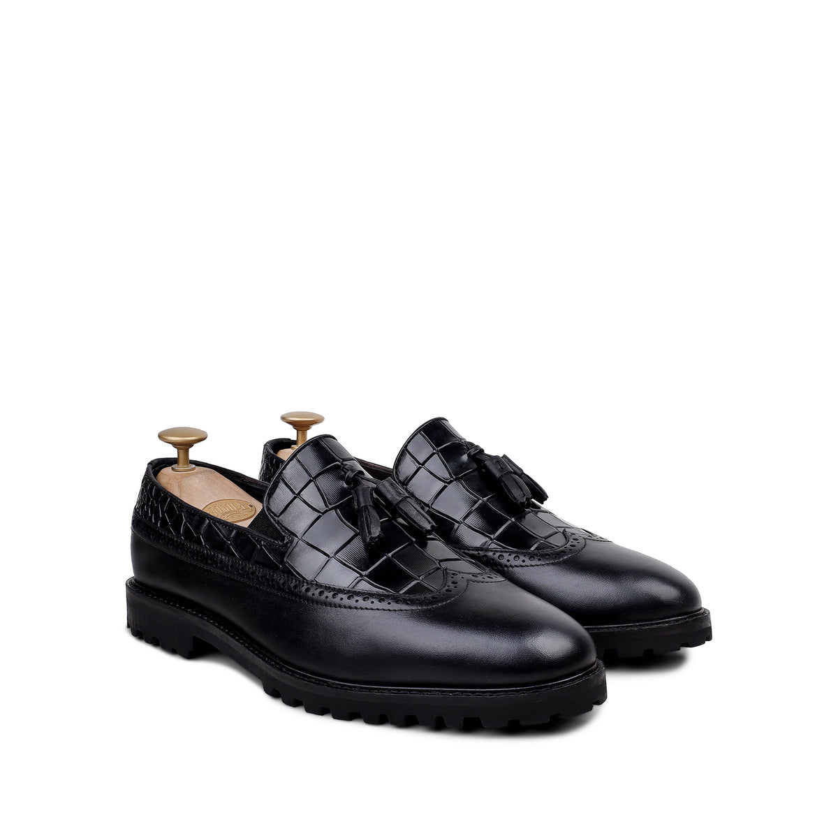 Luther - Men's Black Calf Leather & Crocodile Printed Loafer