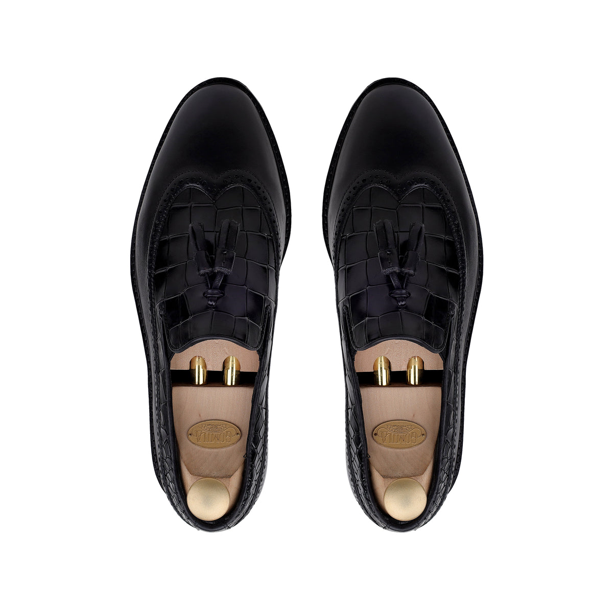 Luther - Men's Black Calf Leather & Crocodile Printed Loafer