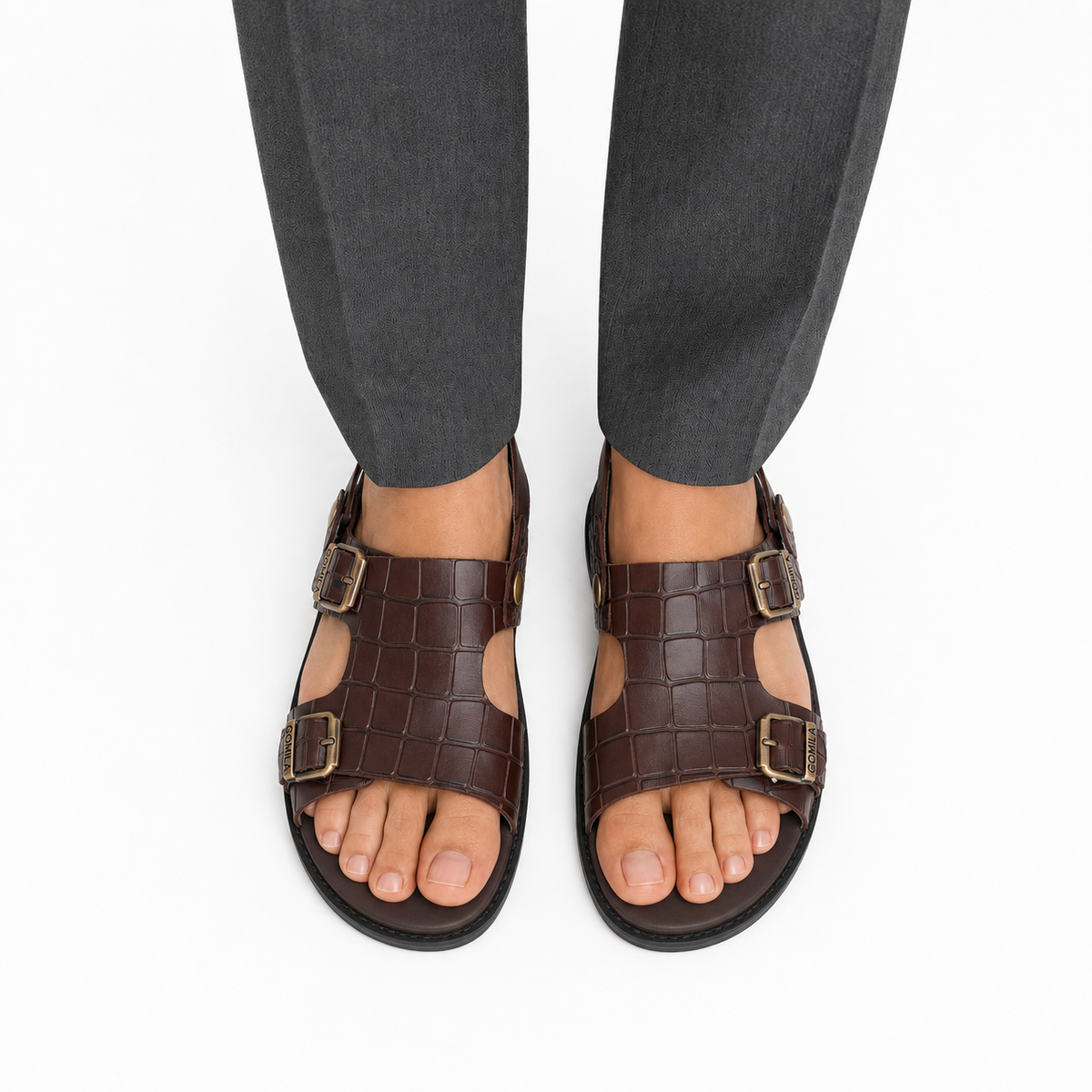 Damian - Men's Dark Brown Crocodile Printed Leather Sandal