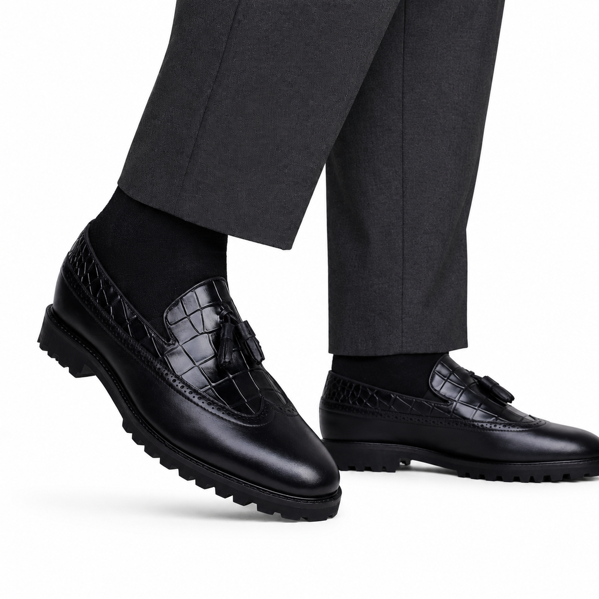 Luther - Men's Black Calf Leather & Crocodile Printed Loafer