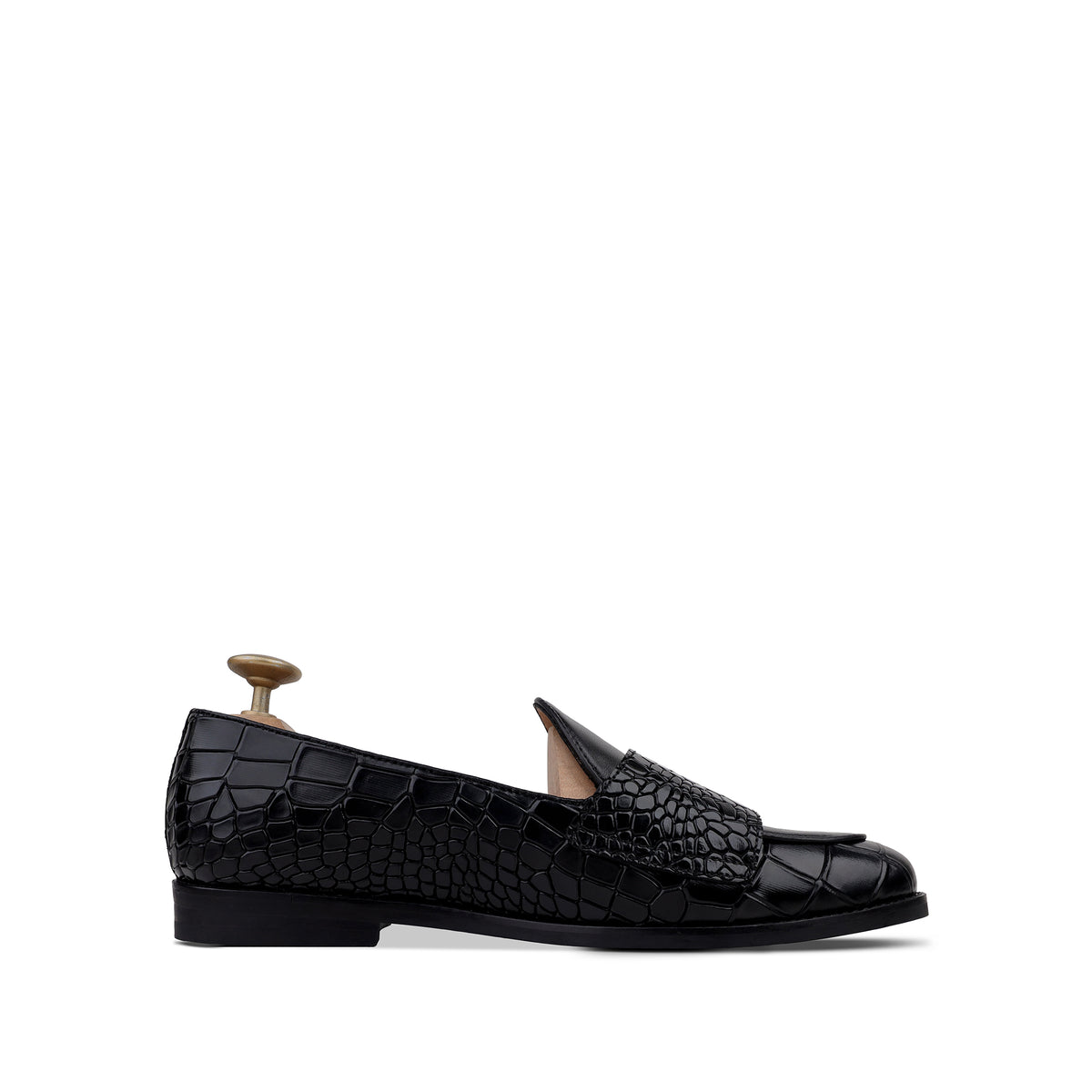 Drobak - Men’s Black Calf and Crocodile Printed Belgian Loafer