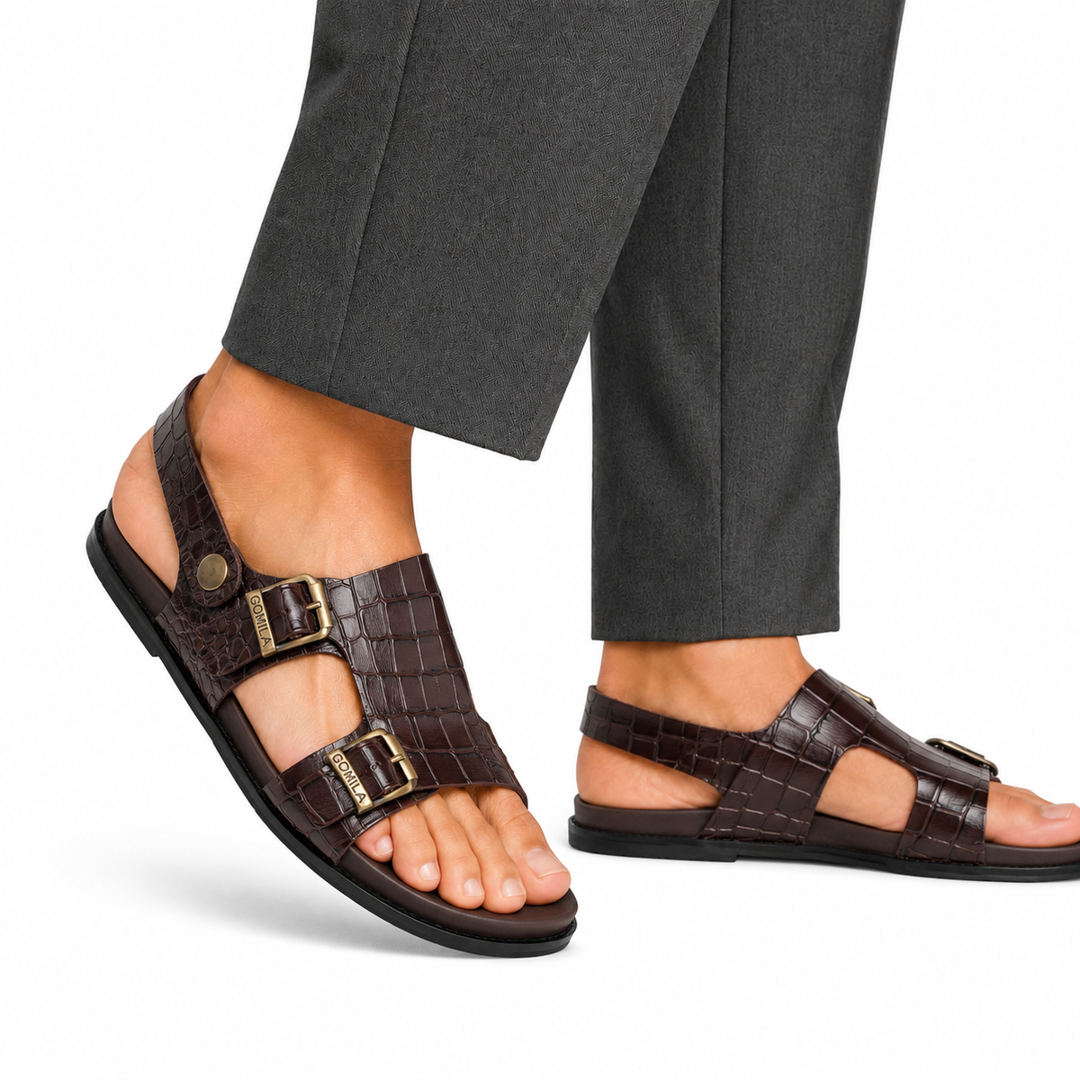 Damian - Men's Dark Brown Crocodile Printed Leather Sandal