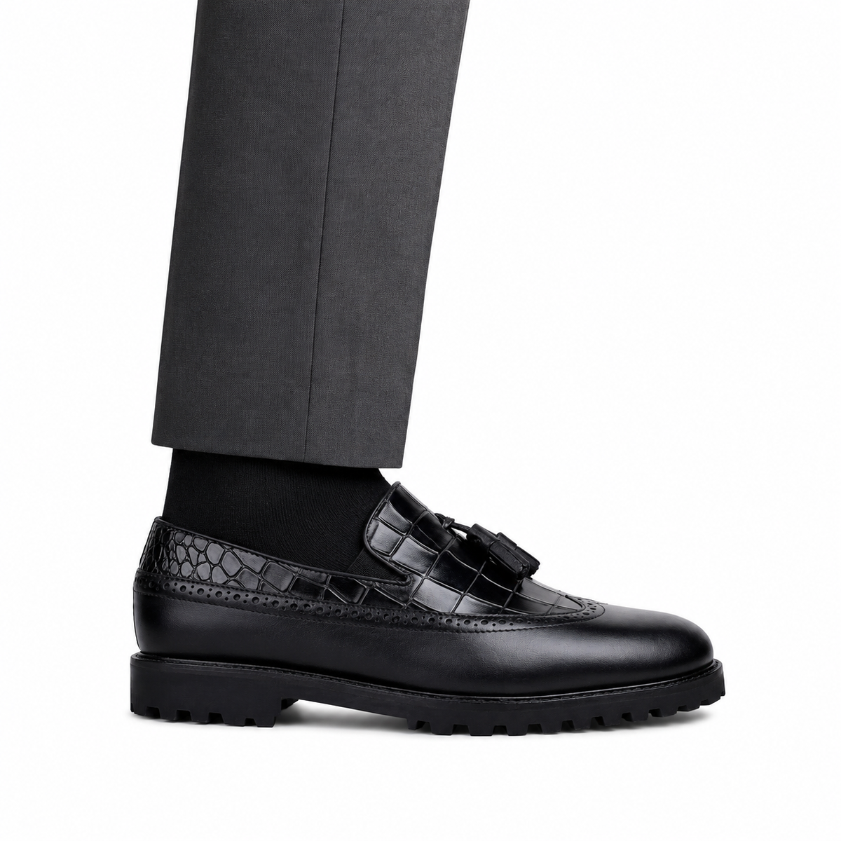 Luther - Men's Black Calf Leather & Crocodile Printed Loafer