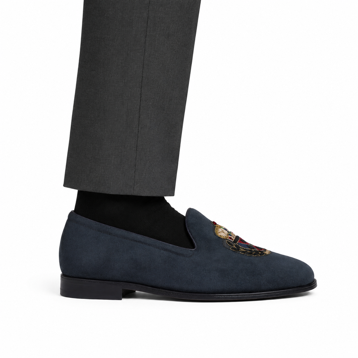 Ellis - Men's Navy Blue Suede & Embroidery Loafer