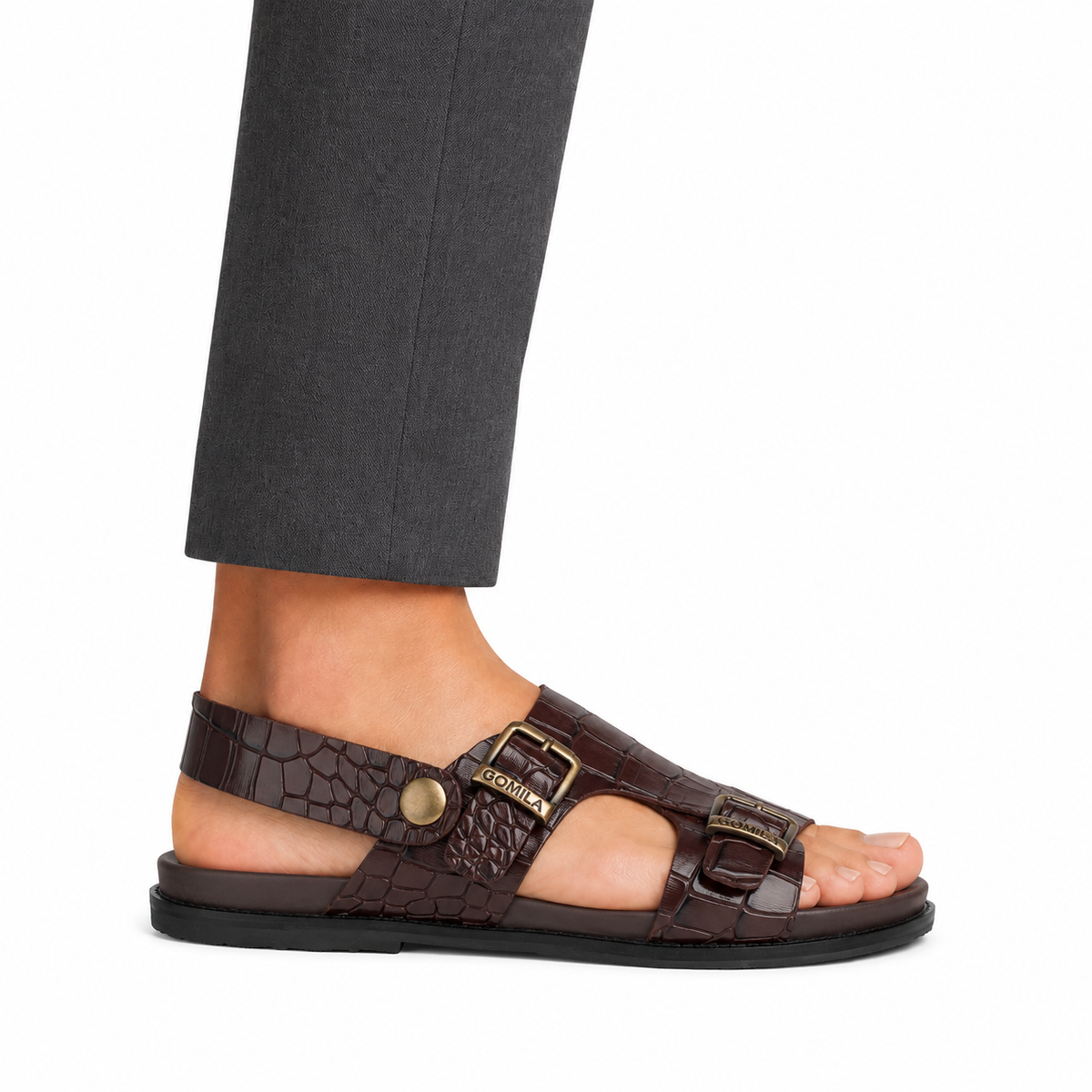 Damian - Men's Dark Brown Crocodile Printed Leather Sandal