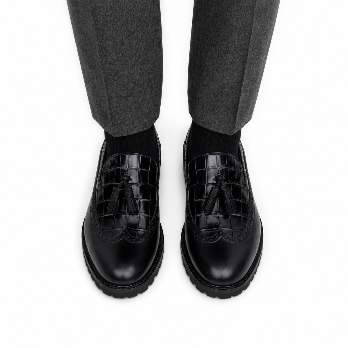 Luther - Men's Black Calf Leather & Crocodile Printed Loafer
