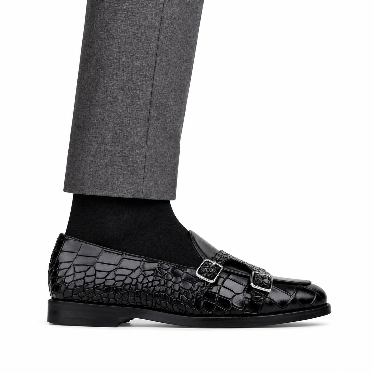 Drobak - Men’s Black Calf and Crocodile Printed Belgian Loafer