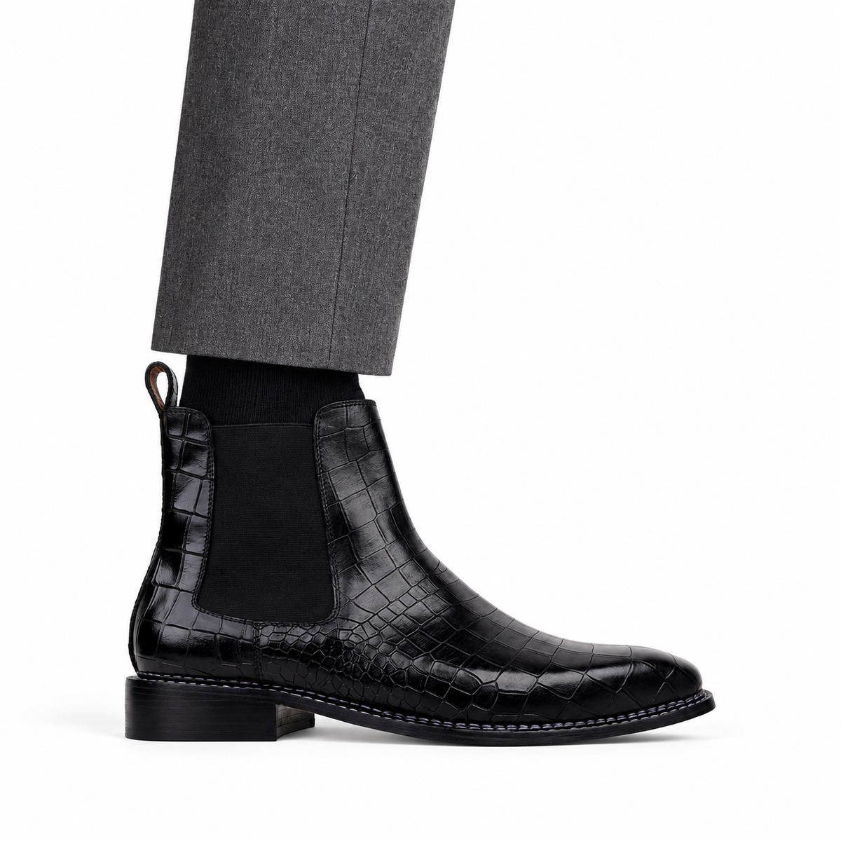 Dexter - Men's Black Crocodile Textured Goodyear Welted Chelsea Boot