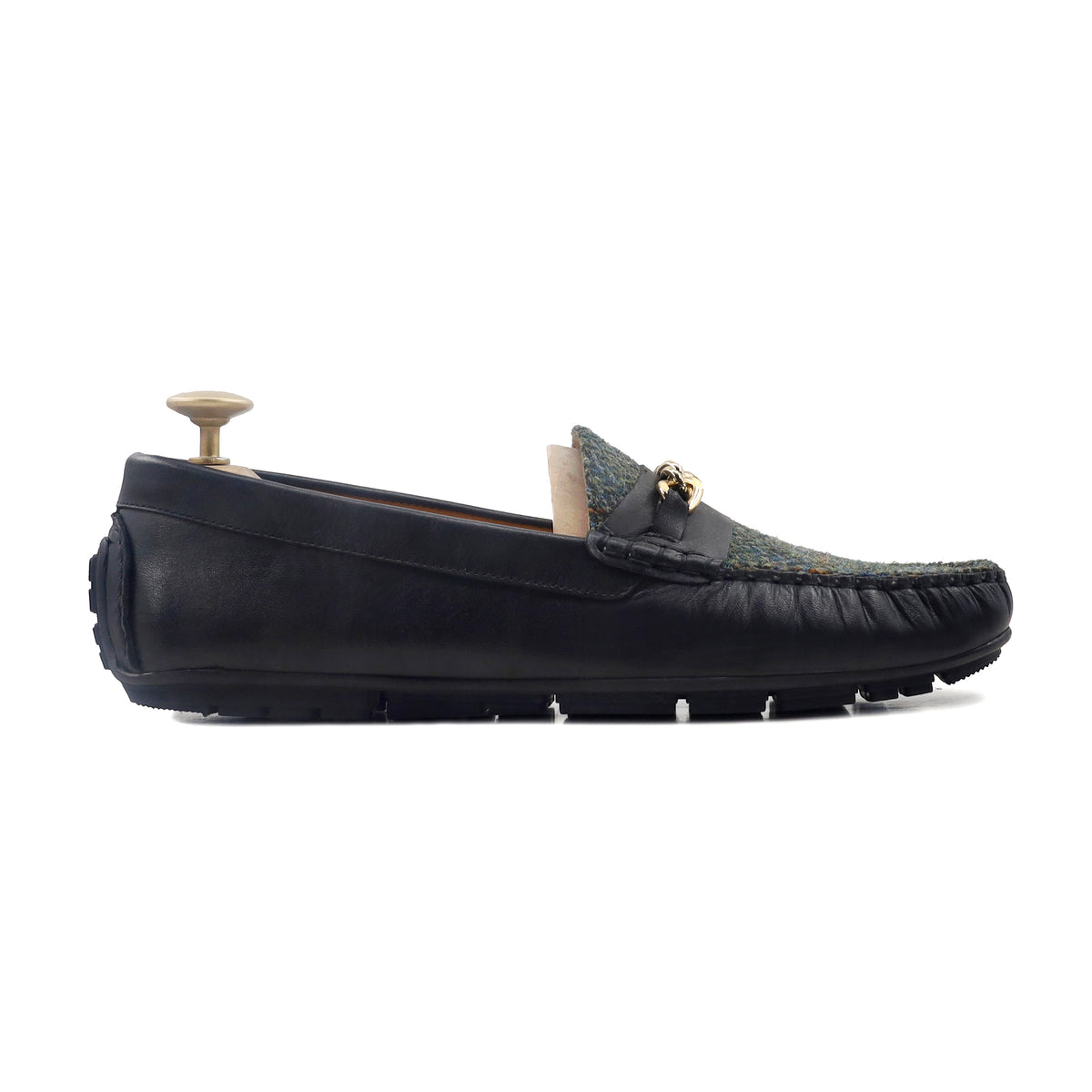 Caz - Men's Black Calf Leather and Harris Tweed Driver Shoe