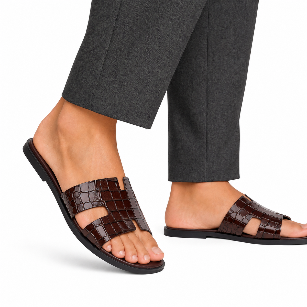 Cameron CROCO- Men's Chocolate Brown Crocodile Textured Leather Slipper