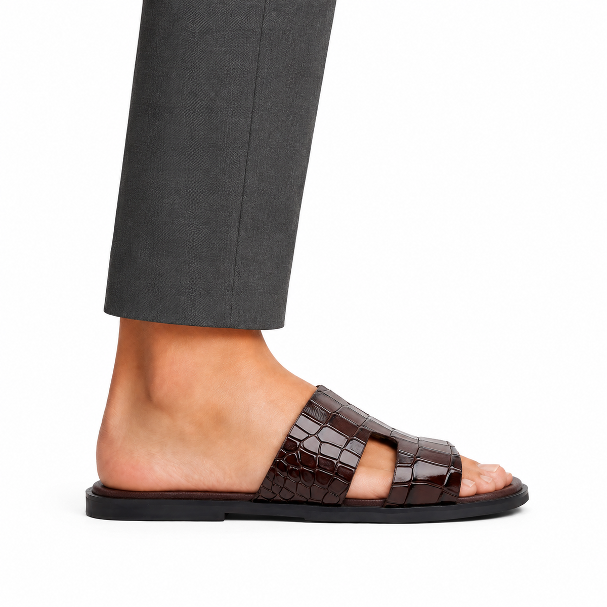 Cameron CROCO- Men's Chocolate Brown Crocodile Textured Leather Slipper