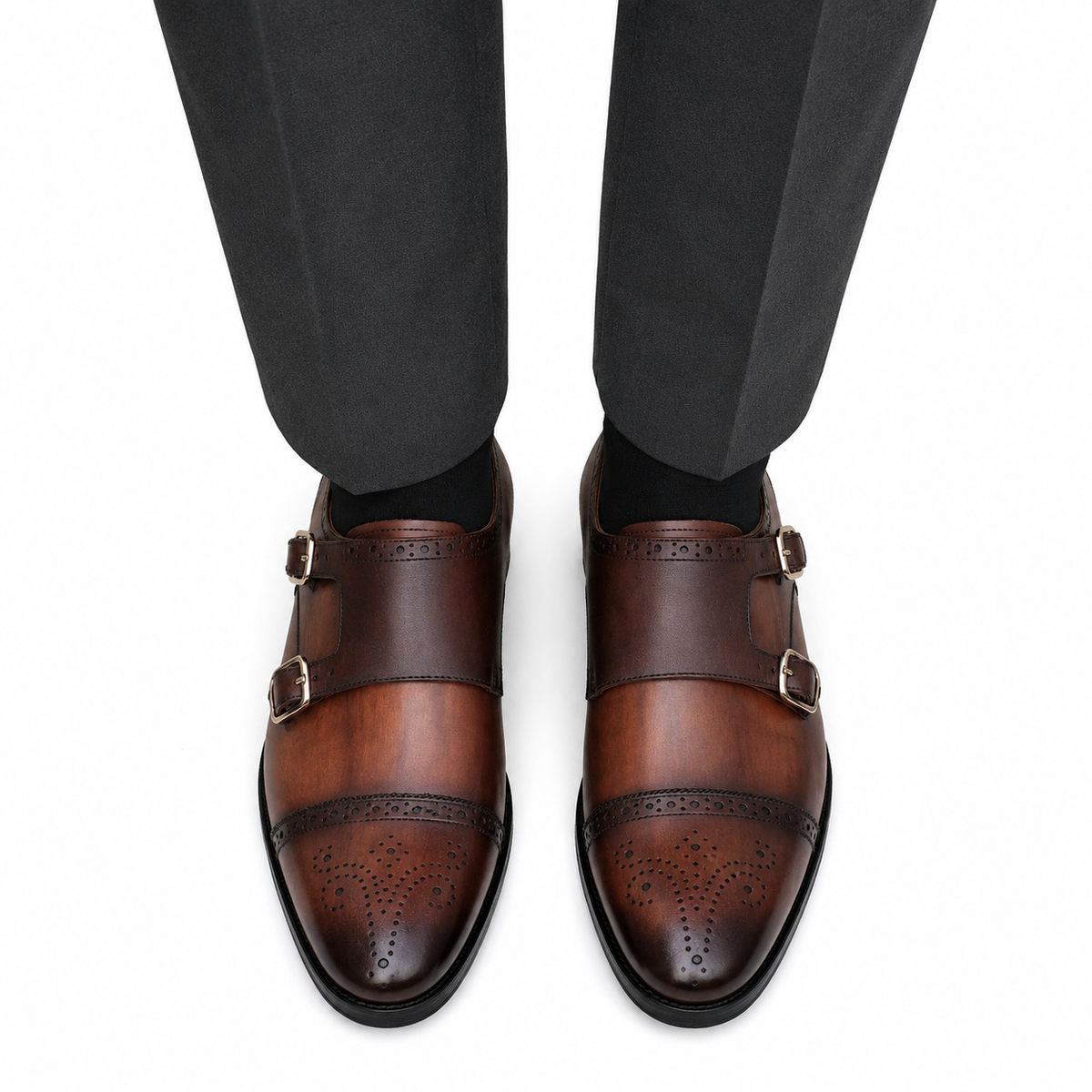 Haslit - Men's Burnished Brown Calf Leather Double Monkstrap