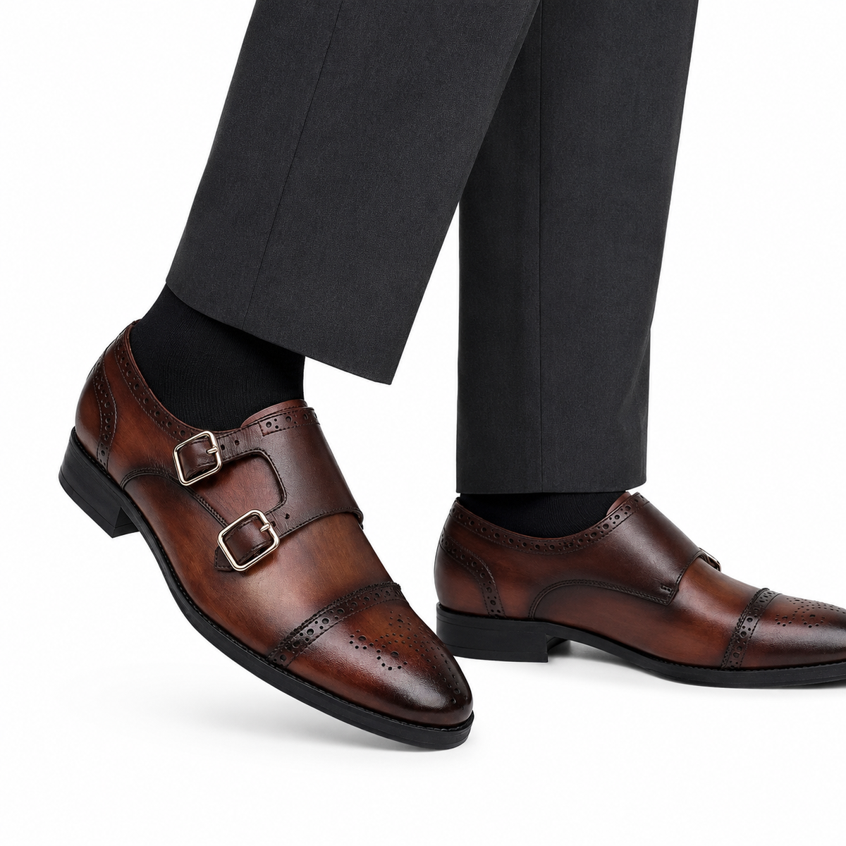 Haslit - Men's Burnished Brown Calf Leather Double Monkstrap