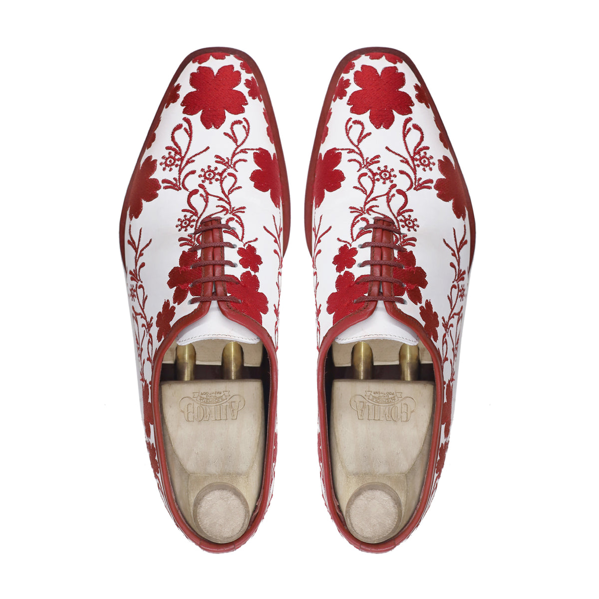 Aruku - Men's Red White Embroidered Wholecut Shoe - Goodyear Welted