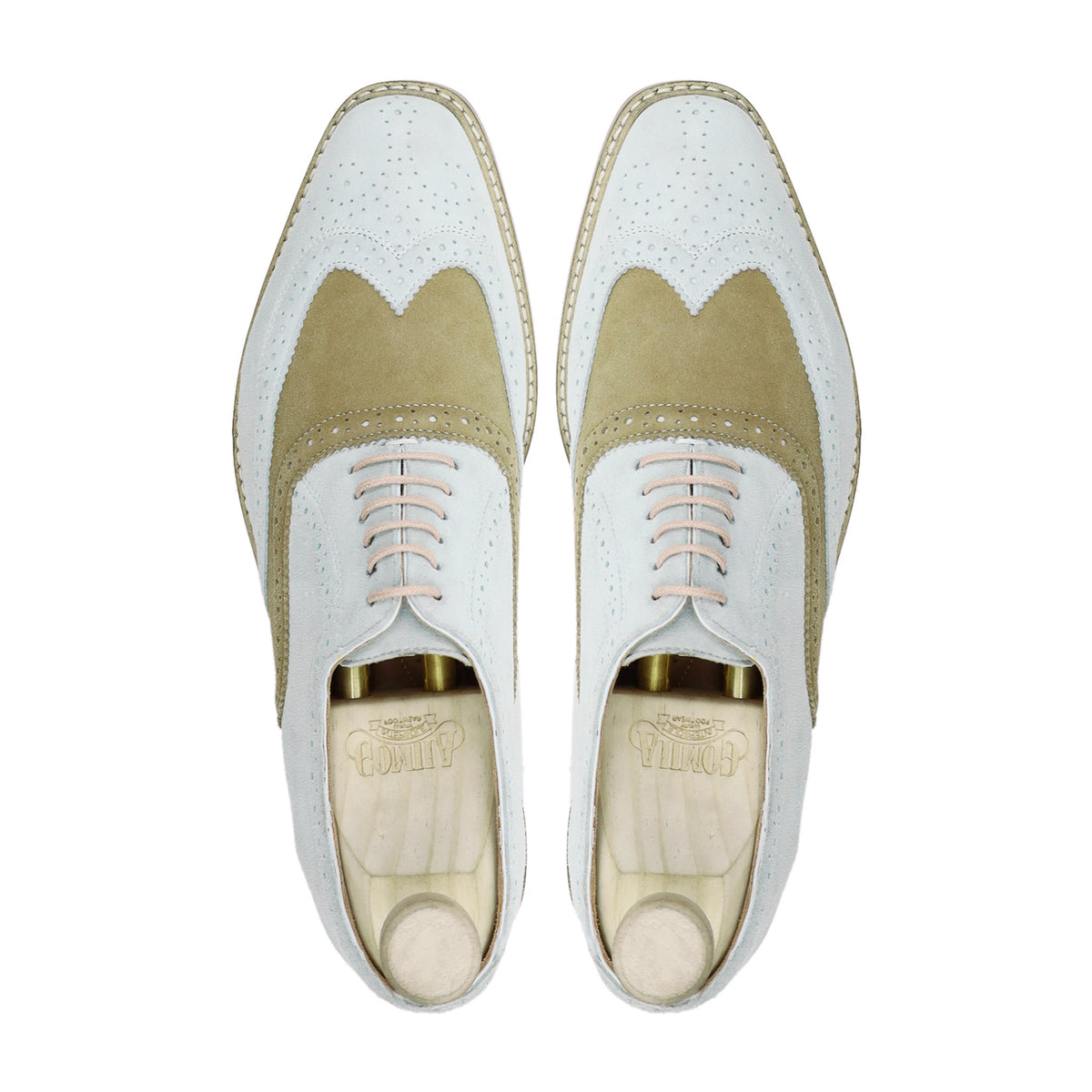 Oxnard - Men's White and Khaki Green Kid Suede Oxford Shoe