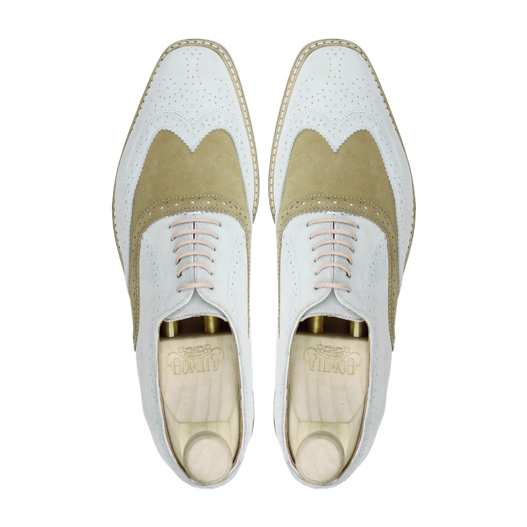 Oxnard - Men's White and Khaki Green Kid Suede Oxford Shoe
