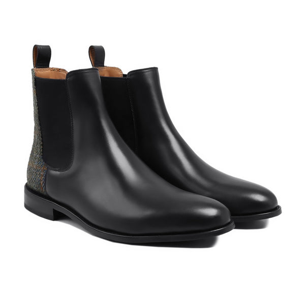 Bradlee - Men's Black Calf Leather and Harris Tweed Chelsea Boot