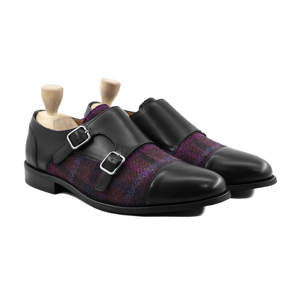SCOTLYN - FUSION OF BLACK CALF AND HARRIS TWEED DOUBLE MONKSTRAP