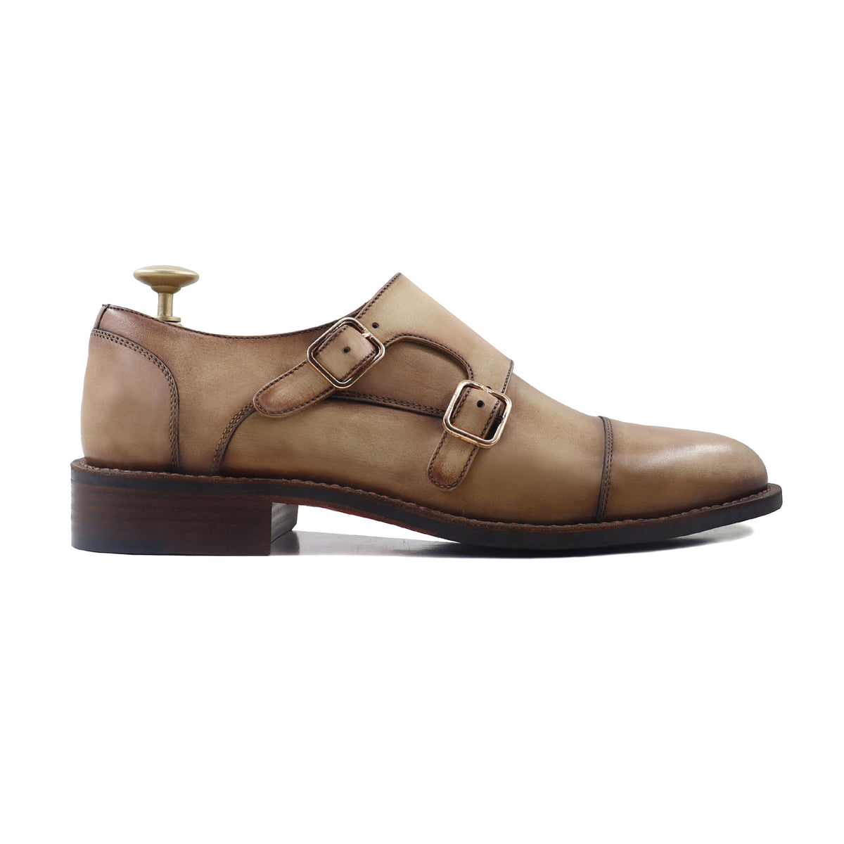 Chiam - Men's Beige Calf Leather Double Monkstrap - Goodyear Welted