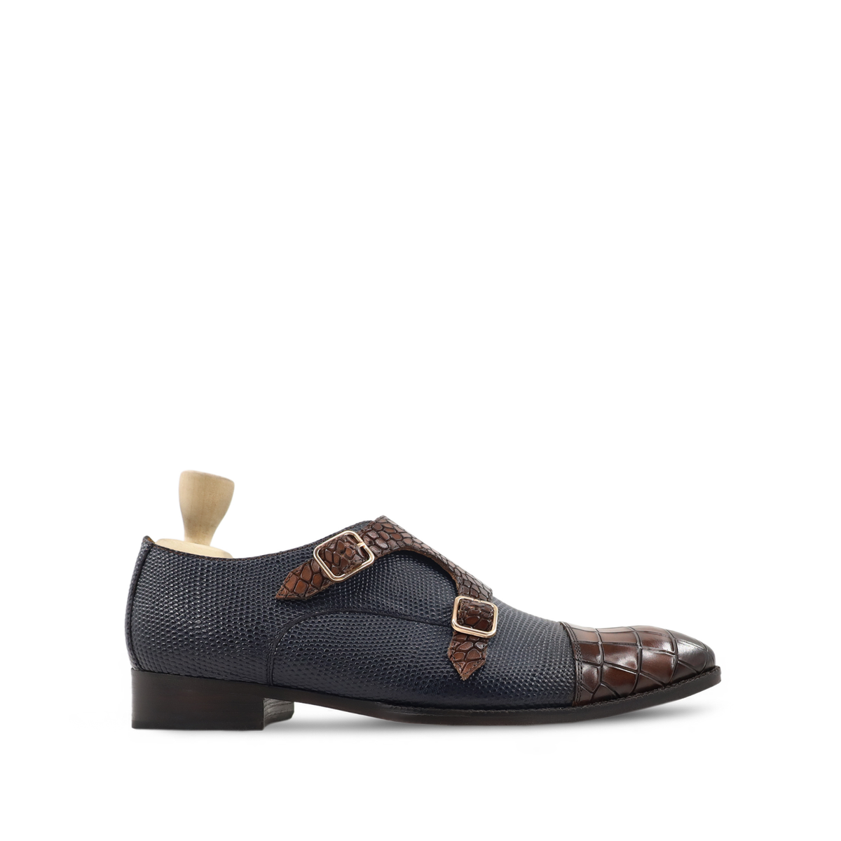 Shiloh - Men's Black Pebble Grain and Brown Patina Calf Leather Double Monkstrap