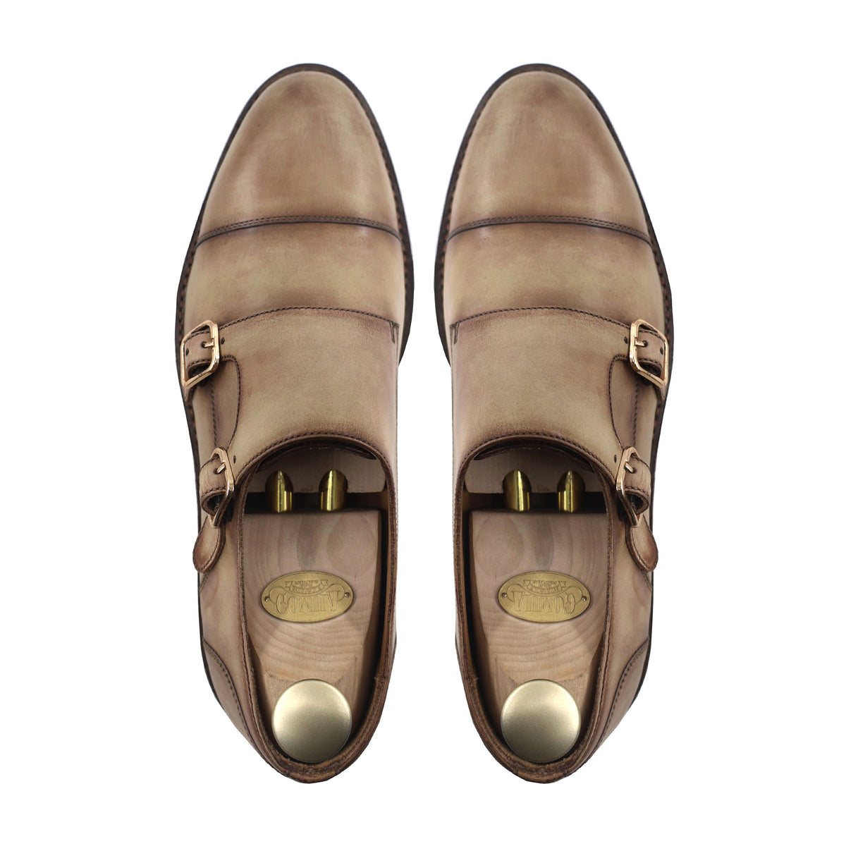 Chiam - Men's Beige Calf Leather Double Monkstrap - Goodyear Welted
