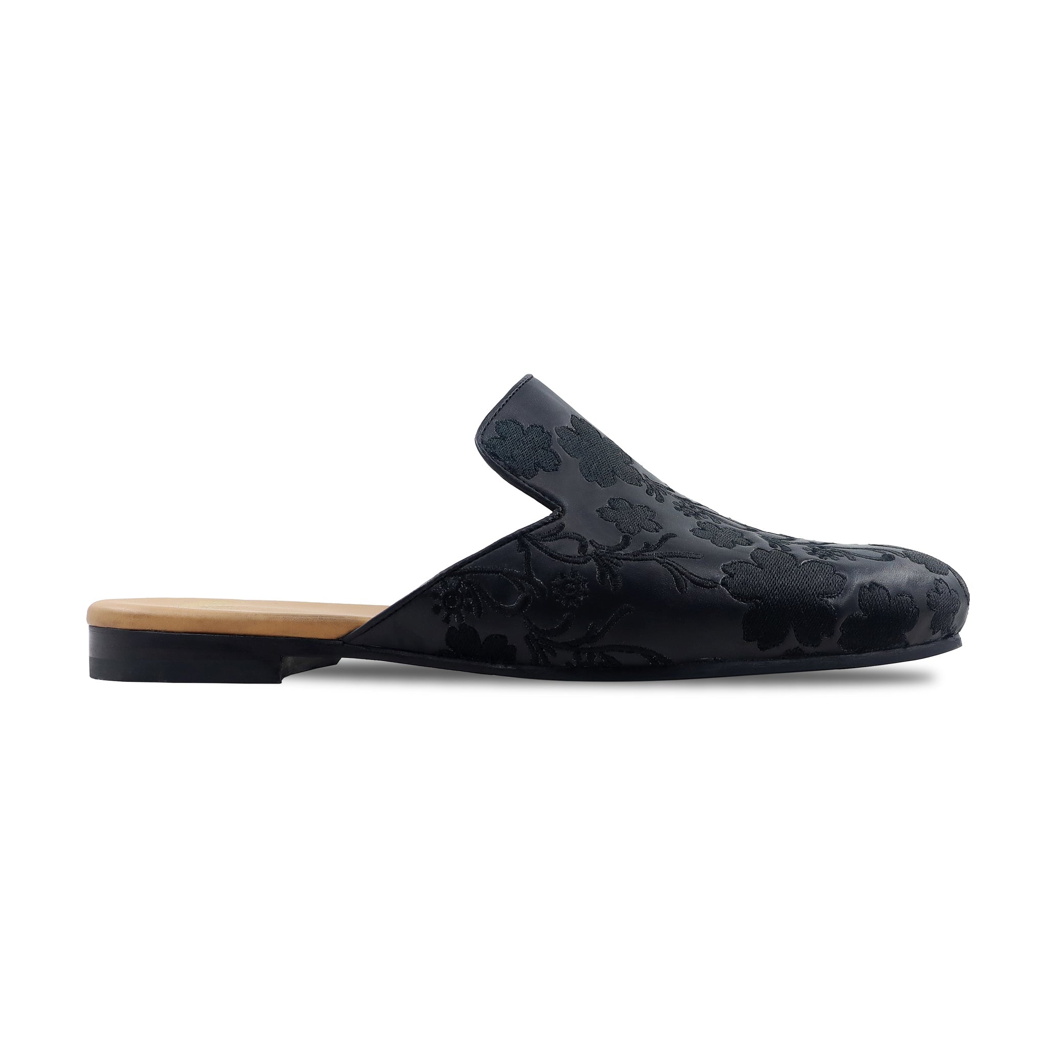 Cason - Men's Black Calf Leather Embroidery Slipper