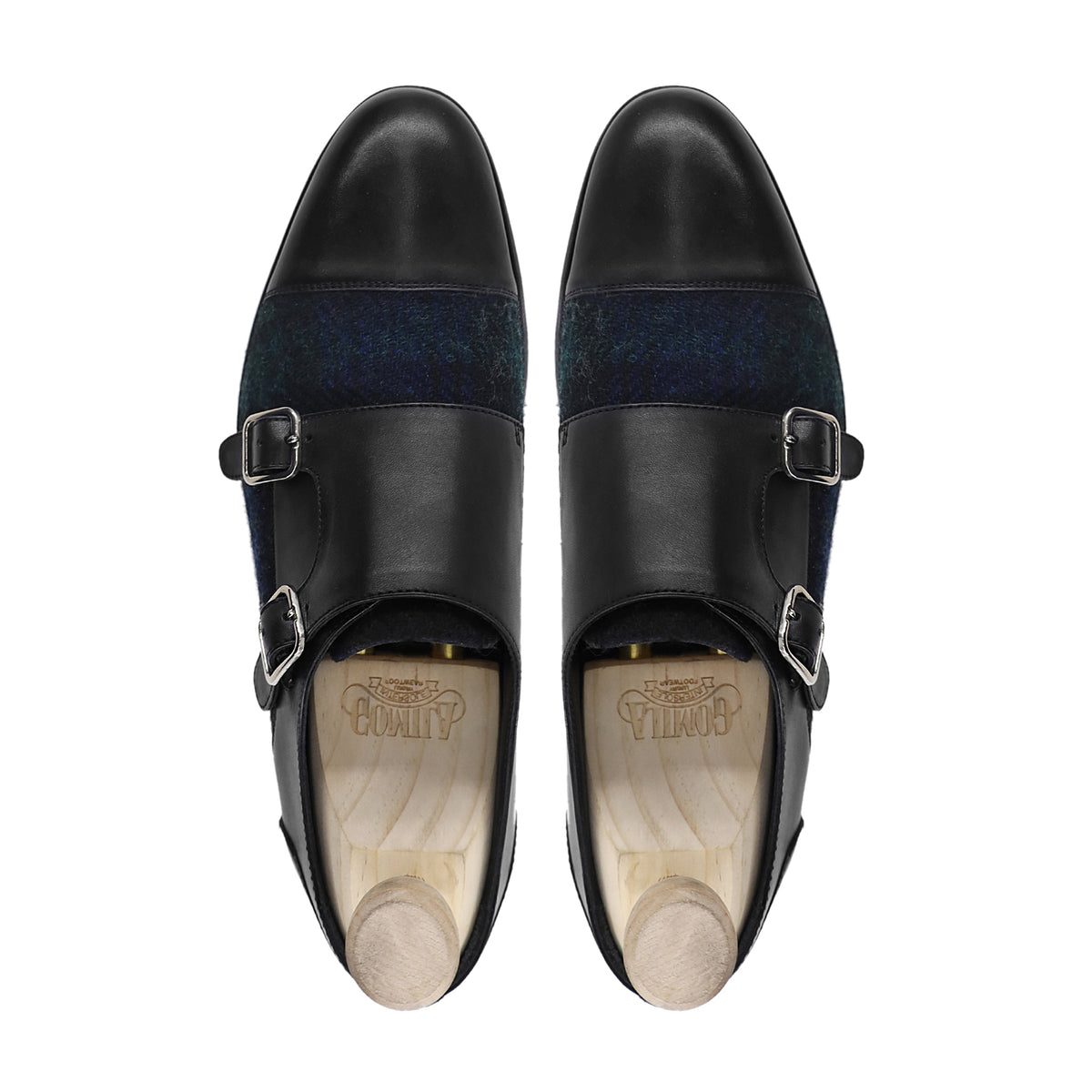 Tomio - Men's Black Calf Leather and Harris Tweed Double Monkstrap