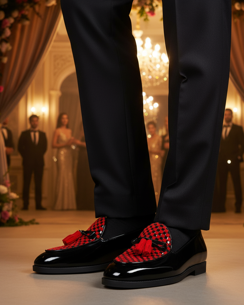 Avero - Men's Black Patent and Red Suede Hand Woven Leather Loafer