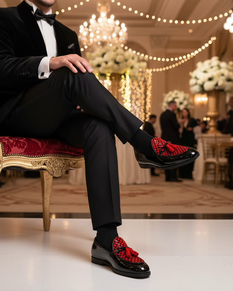 Avero - Men's Black Patent and Red Suede Hand Woven Leather Loafer