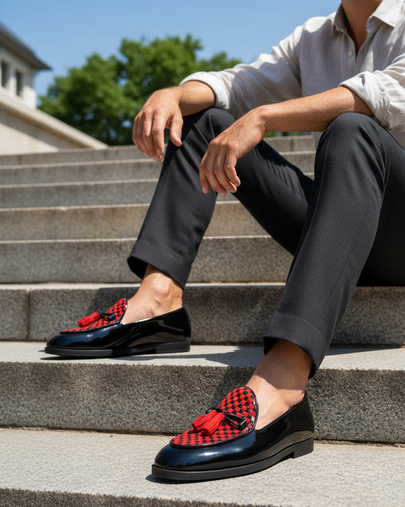 Avero - Men's Black Patent and Red Suede Hand Woven Leather Loafer