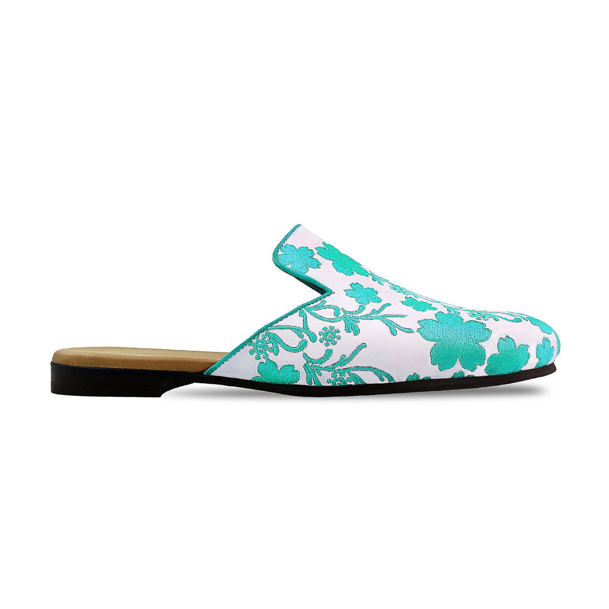 Cason - Men's White Calf Leather And Cyan Embroidery Slipper