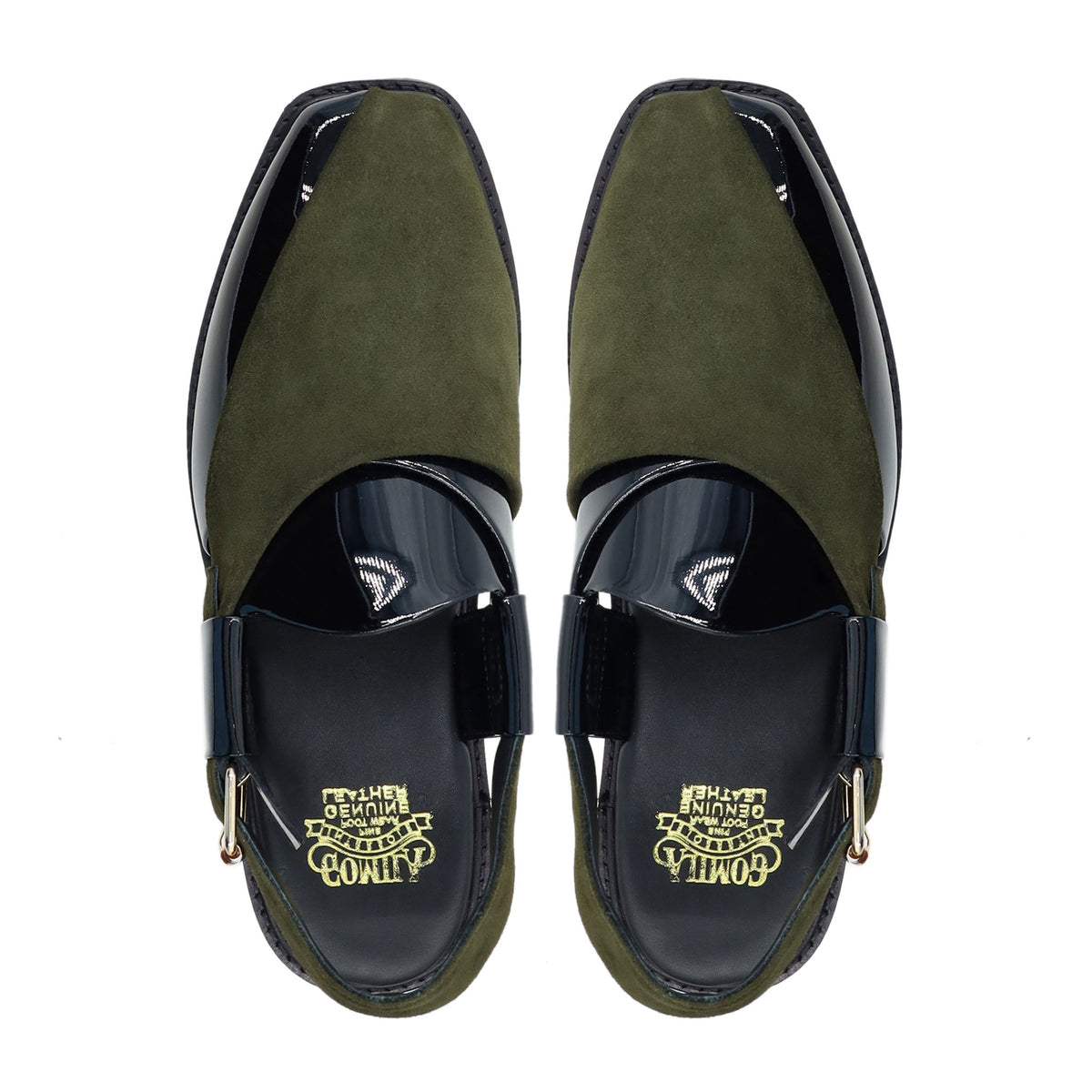 Hassium - Men's Black Patent and Olive Green Kid Suede Sandal