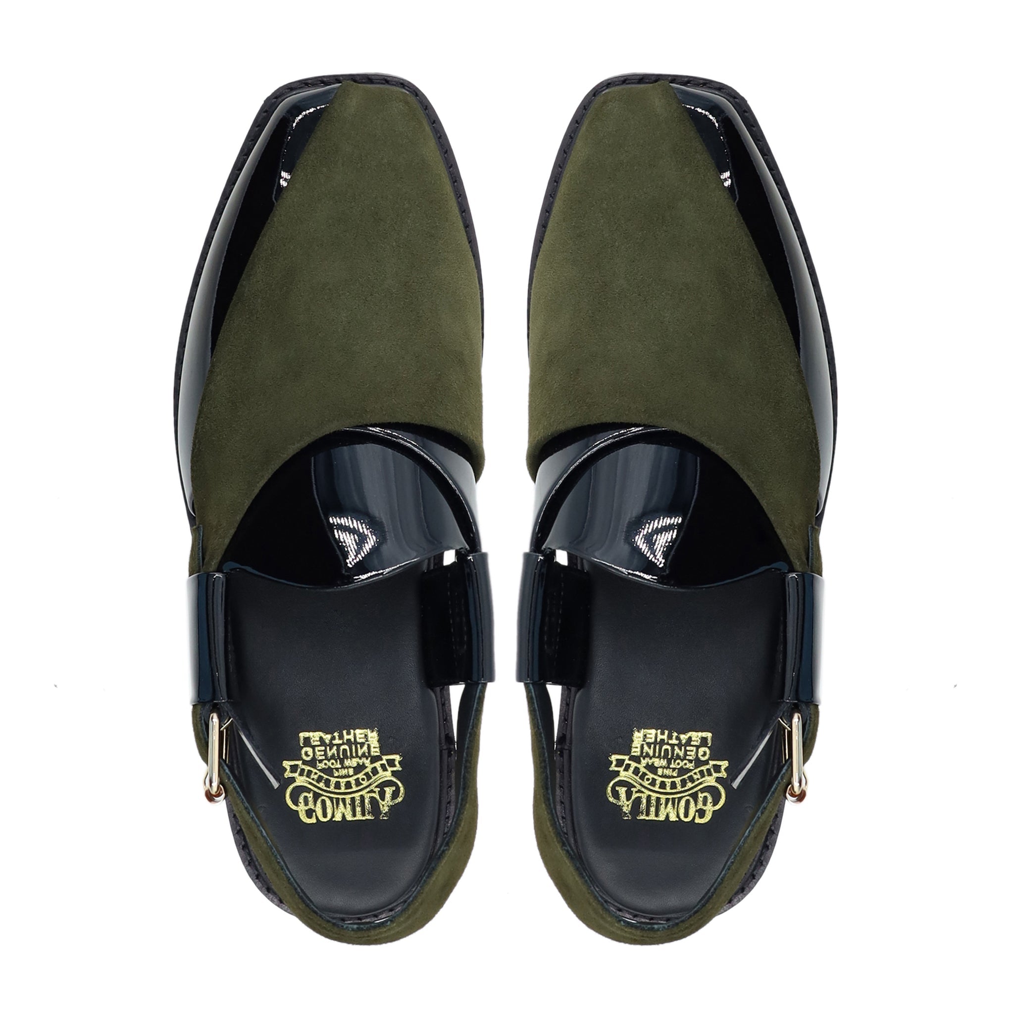 Hassium - Men's Black Patent and Olive Green Kid Suede Sandal