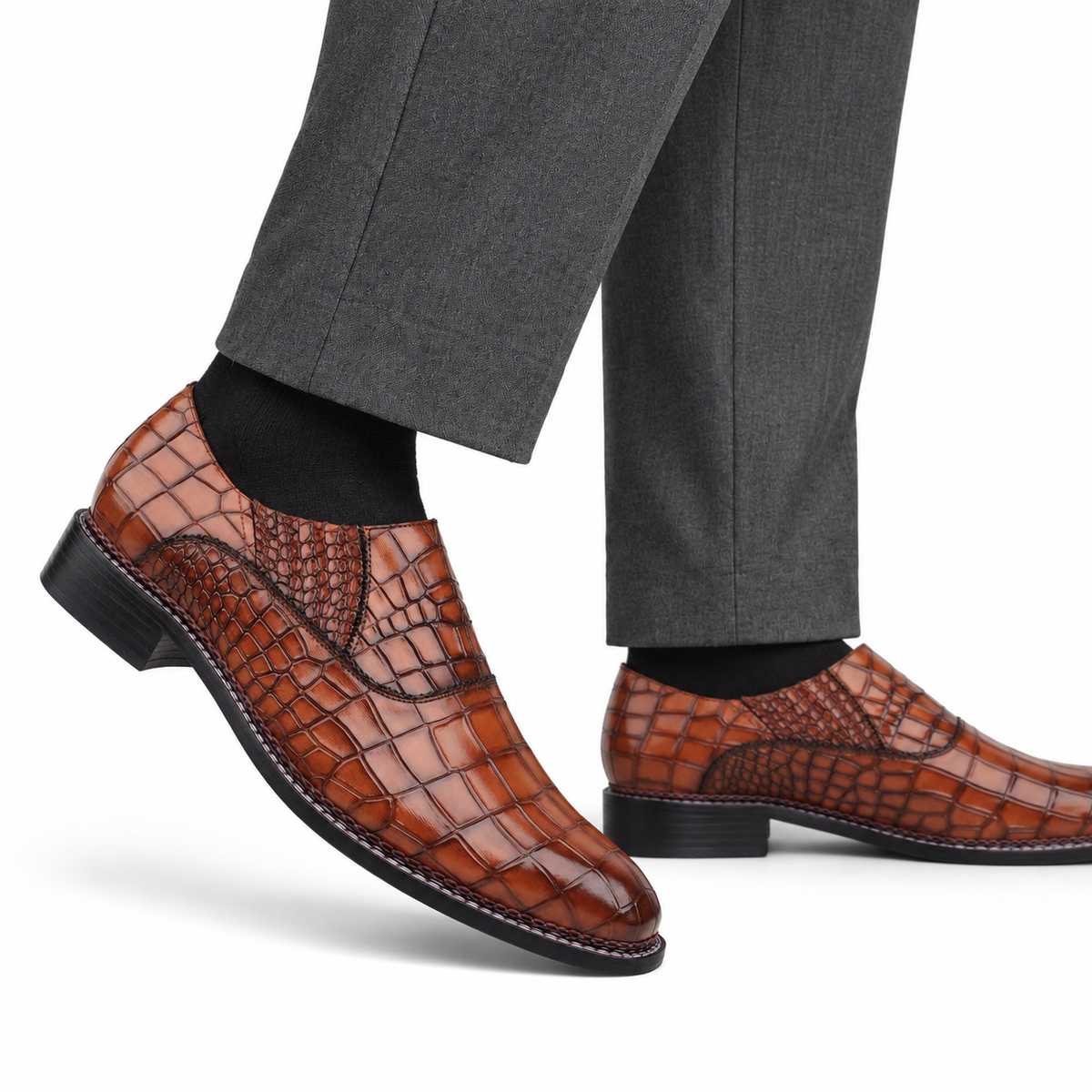 Adler - Men's Tan Crocodile Textured Goodyear Welted Leather Oxford