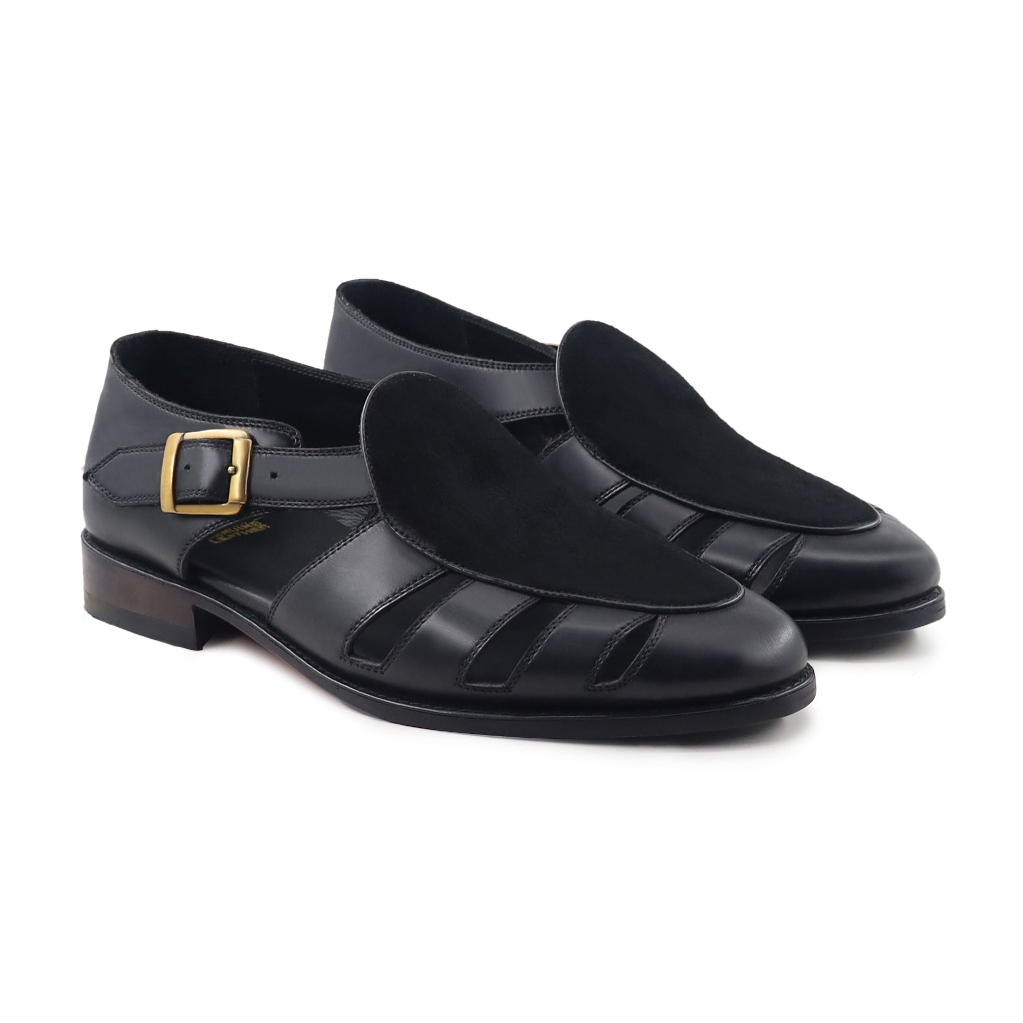 Pedri - Men's Black Calf Leather and Kid Suede Sandal