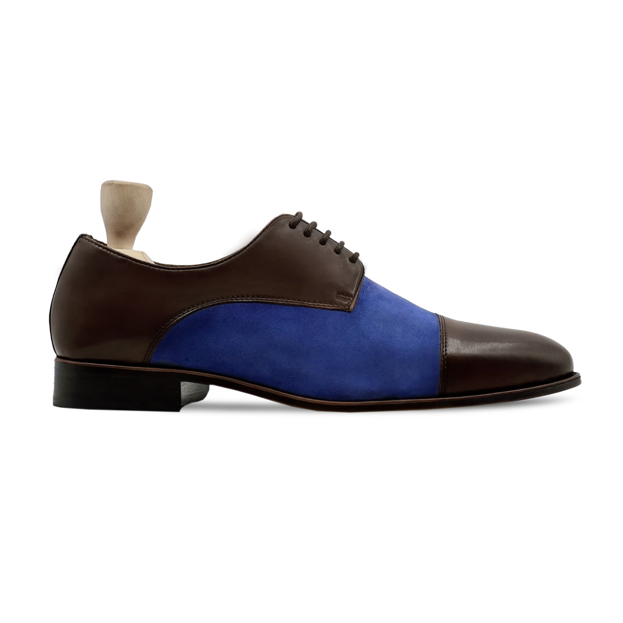 Rusal - Men's Dark Brown Calf and Light Blue Kid Suede Derby Shoe