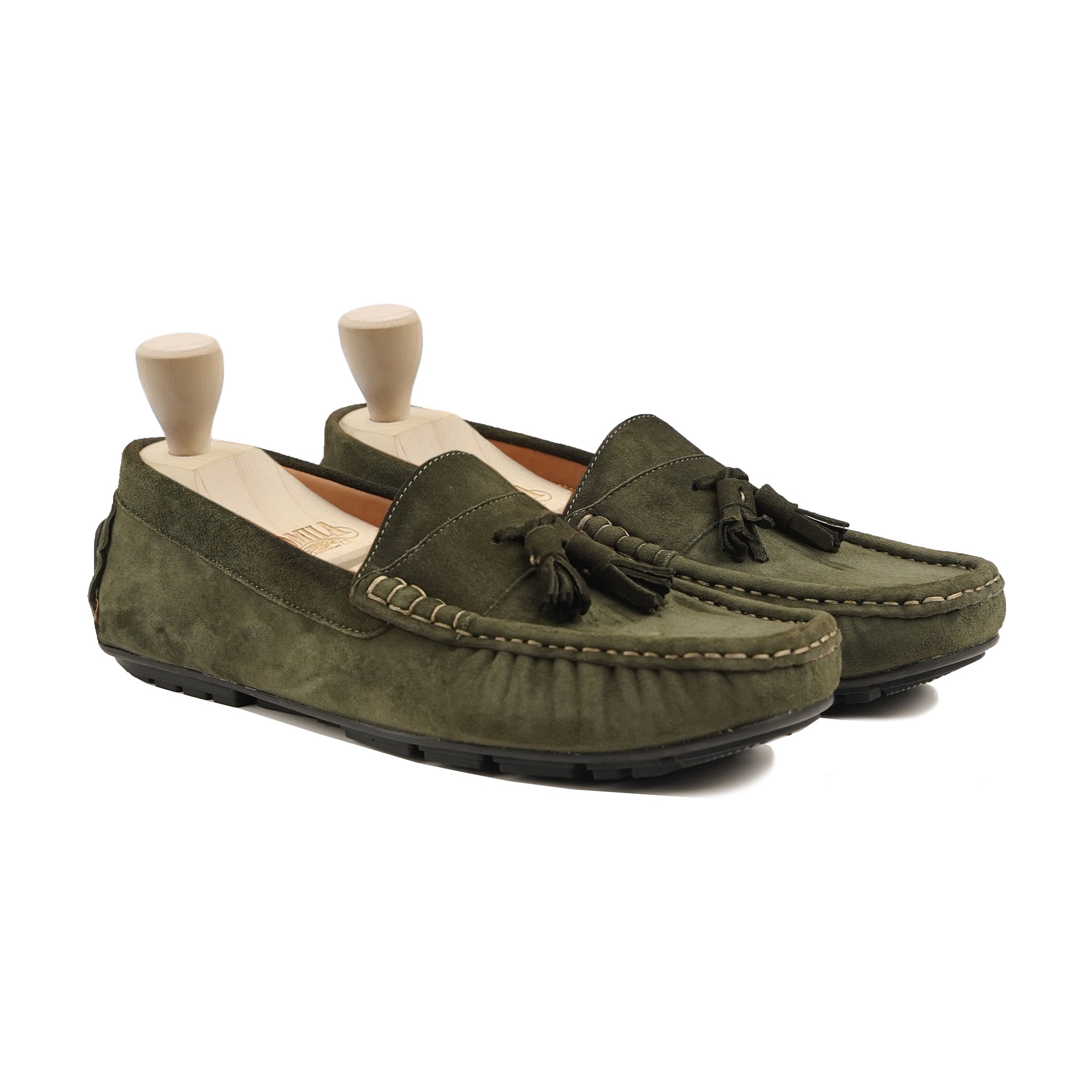 Vinetsia - Men's Olive Green Kid Suede Driver Shoe