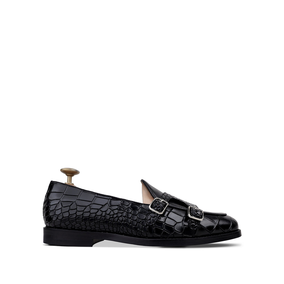 Drobak - Men’s Black Calf and Crocodile Printed Belgian Loafer