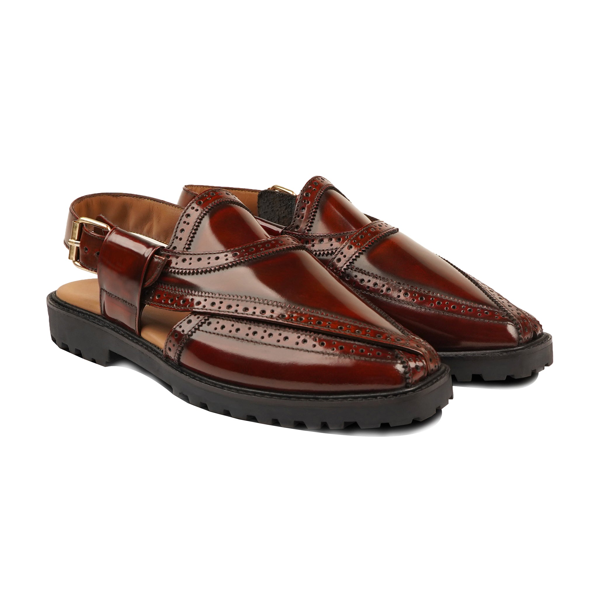 Teefa - Men's Brown Burgundy Box Leather High Shine Sandal