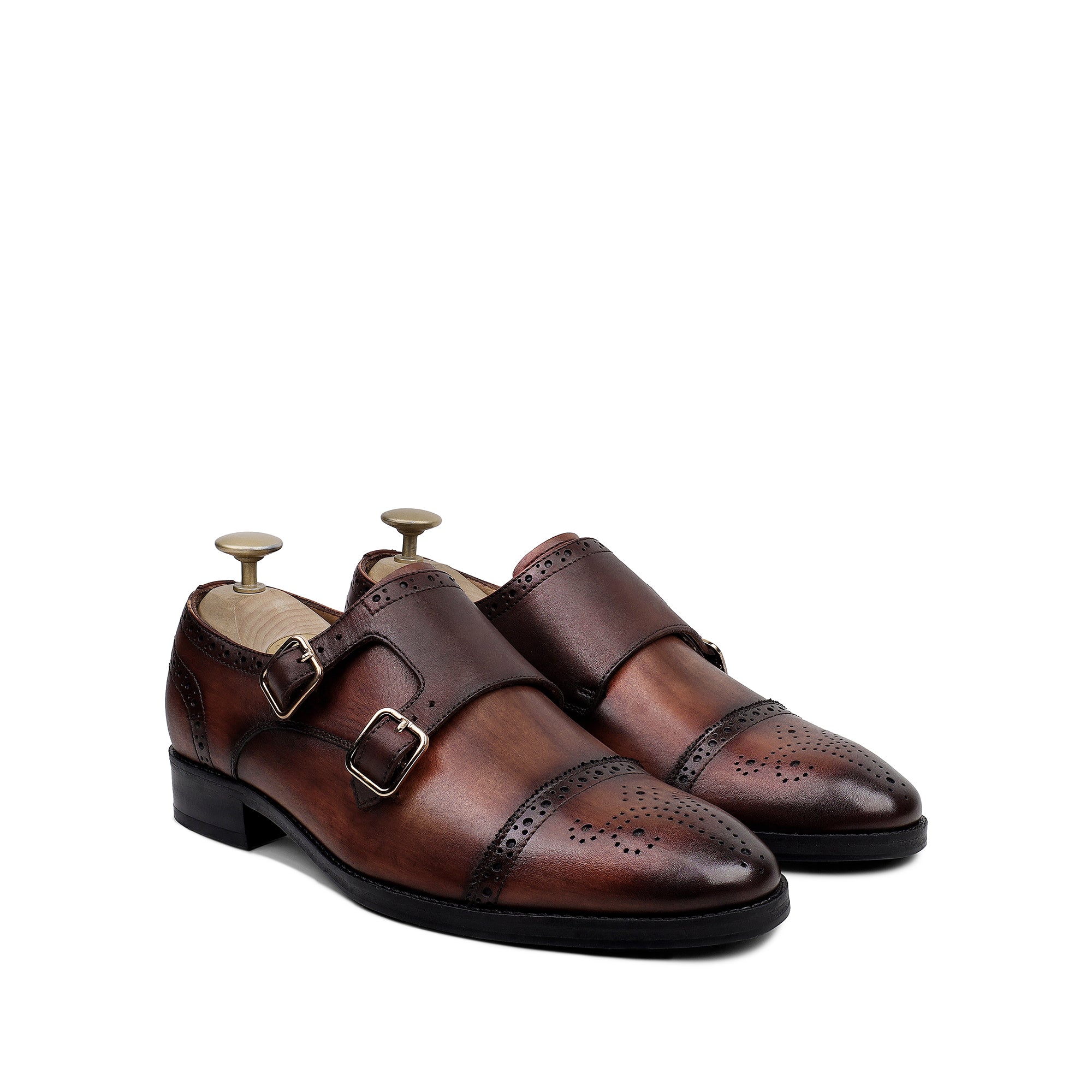 Haslit - Men's Burnished Brown Calf Leather Double Monkstrap
