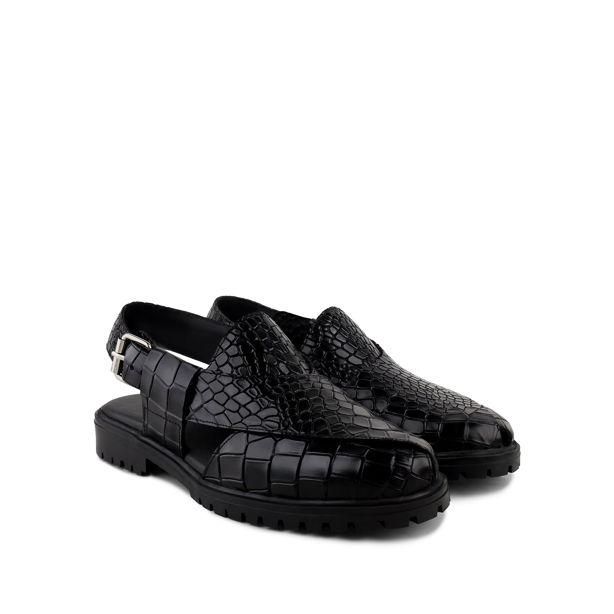 Saul - Men's Black Crocodile Printed Leather Sandal