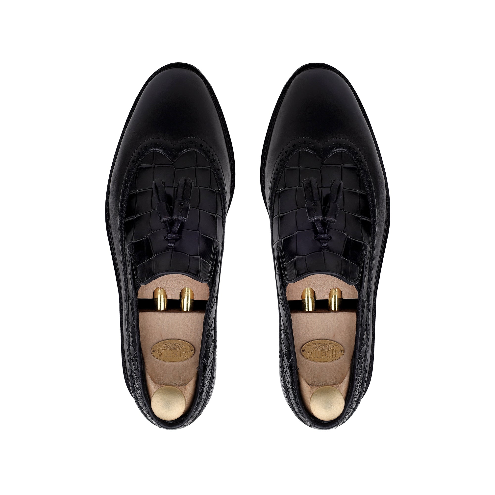 Luther - Men's Black Calf Leather & Crocodile Printed Loafer