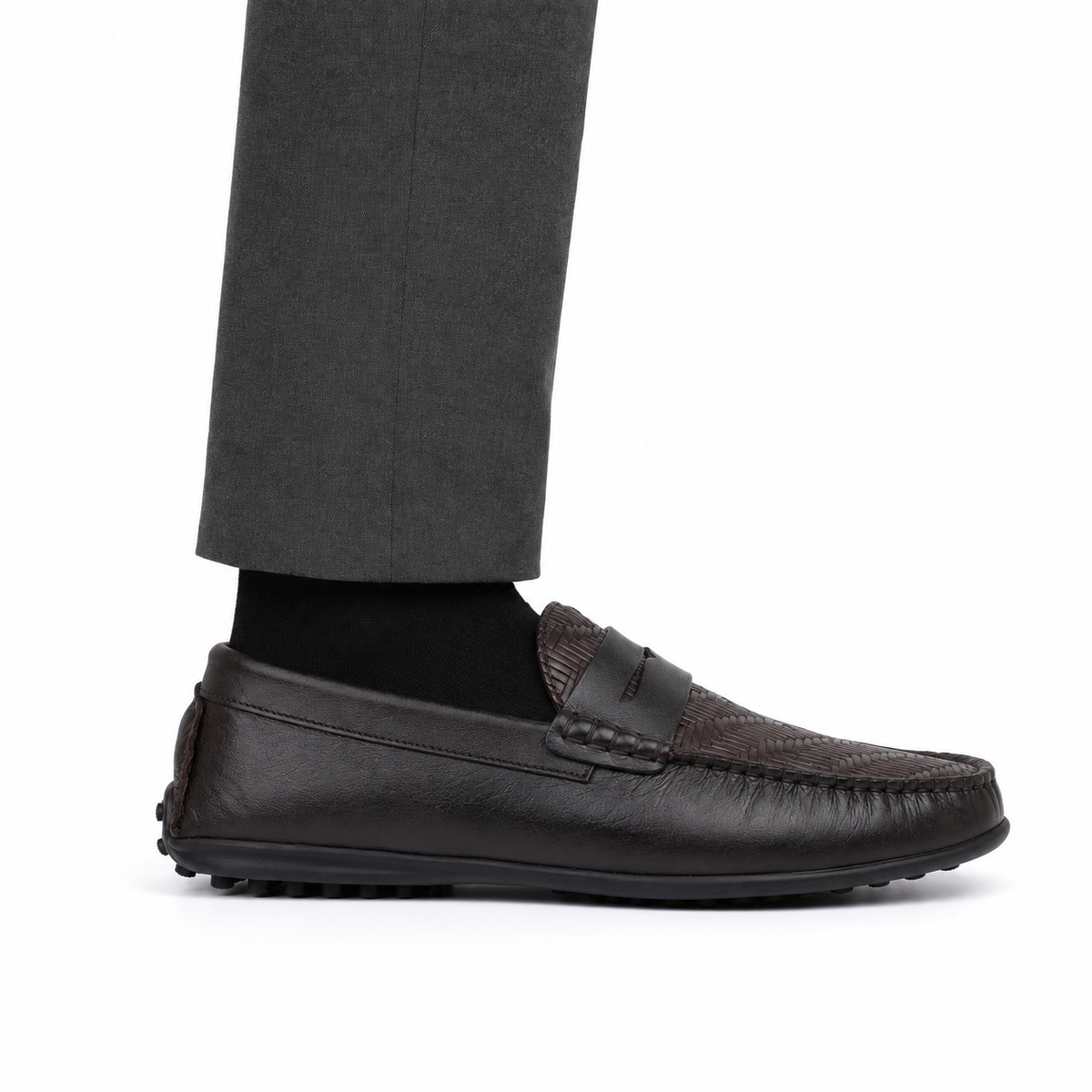 Knox - Men's Dark Brown Woven Textured Calf Leather Driver Shoe
